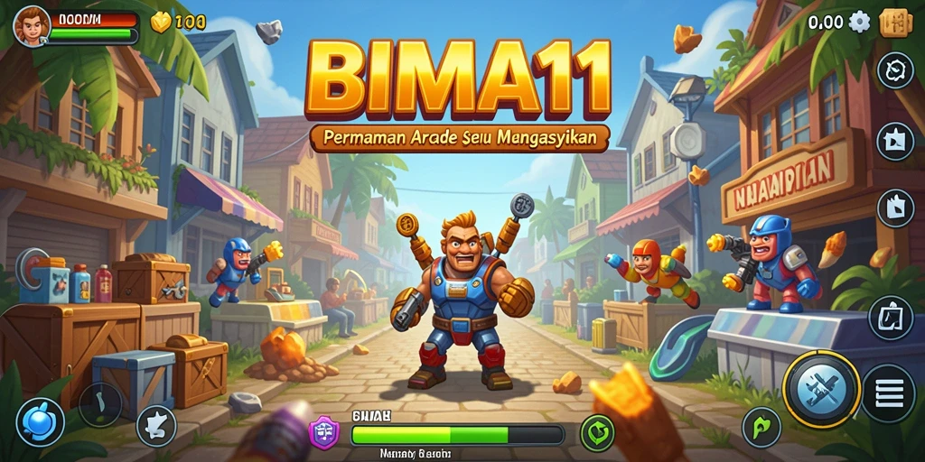 Tangkapan layar utama BIMA11 menampilkan aksi seru dalam gameplay Arcade.
