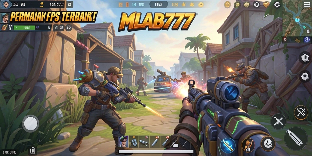 Screenshot utama MLBB777 menampilkan aksi tembak-menembak yang intens.