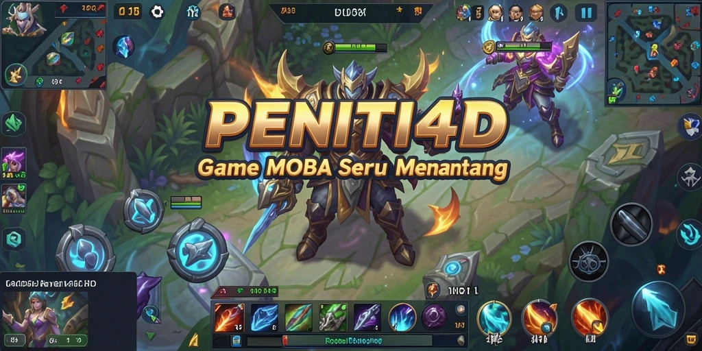 Screenshot utama gameplay PENITI4D yang menunjukkan aksi pertempuran seru dalam MOBA.