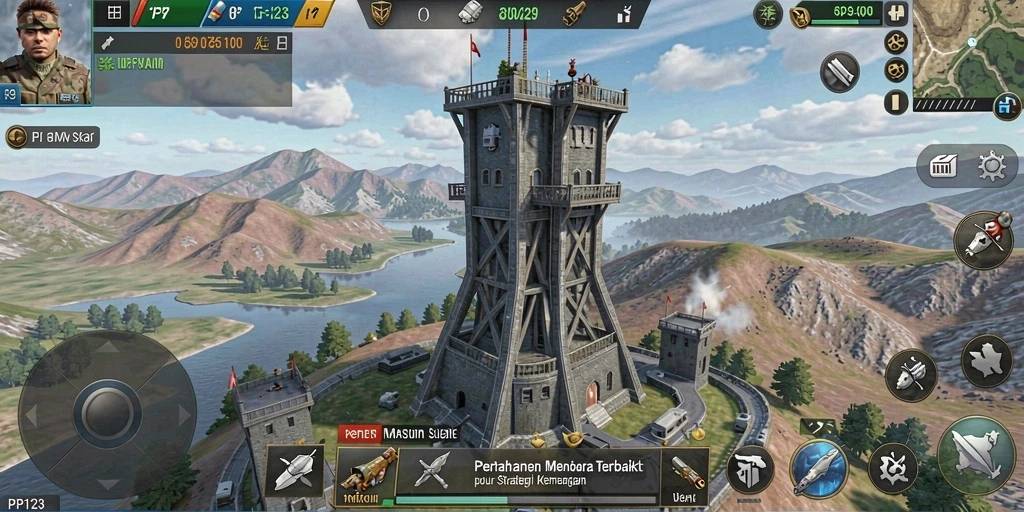 Gameplay PP123 menampilkan serangan menara strategis melawan gelombang musuh.