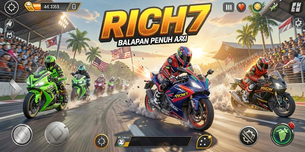 Screenshot gameplay RICH7 dengan aksi balapan motor yang mendebarkan.