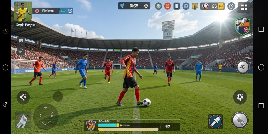 Screenshot gameplay RK55 menampilkan aksi pertandingan sepak bola yang mendebarkan.