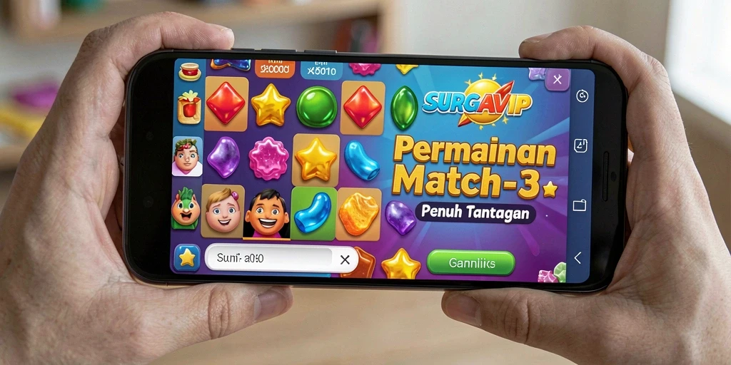 Tampilan gameplay SURGAVIP yang menampilkan kombinasi warna-warni dalam tingkat sulit.