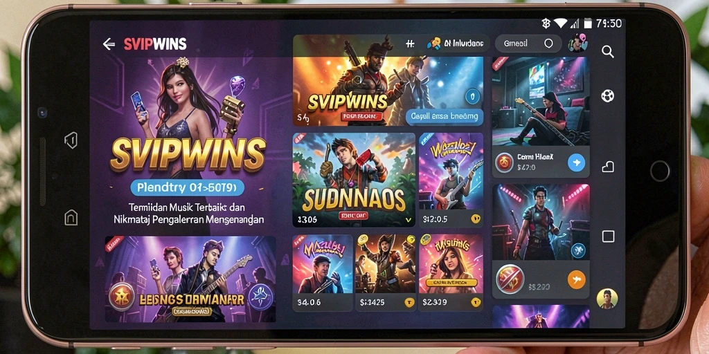 Screenshot SVIPWINS menampilkan antarmuka pengguna yang menarik dengan berbagai pilihan lagu.